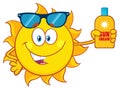 Cute Sun Cartoon Mascot Character With Sunglasses Holding A Bottle Of Sun Block Cream With Text.