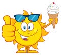 Cute Sun Cartoon Mascot Character With Sunglasses Holding A Ice Cream Showing Thumb Up