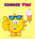 Cute Sun Cartoon Mascot Character With Sunglasses Holding A Ice Cream Showing Thumb Up.