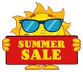 Cute Sun Cartoon Mascot Character With Sunglasses Holding A Sign With Text Summer Sale.