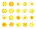 Cute sun. Cartoon sunny emoji, happy yellow sun characters with smile, sunshine emoticon, funny kawaii vector set Royalty Free Stock Photo