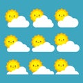 Cute sun character behind the white clouds on sky blue background. Pictogram, icon set illustration Royalty Free Stock Photo