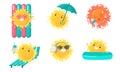 Cute sun characters doing summer activities vector illustration