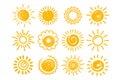 Cute sun doodle collection. Set of icons in hand drawn style. Sun icons isolated on white background. Royalty Free Stock Photo