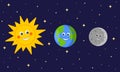 Cute Sun, Earth and Moon characters on dark space starry background. Funny astronomy for kids. Vector cartoon illustration for Royalty Free Stock Photo