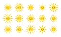 Cute sun emoji. Cute suns smile, fun weather sunlight icons. Isolated sunny faces, summer sunshine heating smiley utter Royalty Free Stock Photo