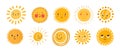 Cute sun flat vector illustrations set. Yellow childish sunny emoticons collection. Smiling sun with sunbeams cartoon Royalty Free Stock Photo