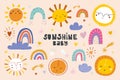 Cute sun flat vector illustrations set. Yellow childish sunny emoticons collection. Smiling sun with sunbeams cartoon