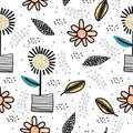 Cute sun flower seamless pattern with children drawing scandinavian art background. Botanical cartoon nature elements for baby and