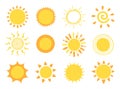 Cute sun. Hand drawn doodle yellow summer suns. Vector icons with sun rays isolated on white background Royalty Free Stock Photo