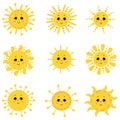 Cute Sun. Icon Vector Set. Drawn funny drawings. Different Funny Suns with faces and eyes. Vector Royalty Free Stock Photo