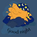 Cute sun in nightcap is sleeping in the clouds and smiling happily.