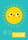 Cute sun shining. Cartoon kawaii funny baby character. Smiling face with big eyes. Hello sunshine summer greeting card. Childish Royalty Free Stock Photo