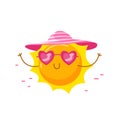 Cute Sun Wearing Heart Shaped Sunglasses and Hat Relaxing on Beach. Cartoon Kawaii Character Summer Royalty Free Stock Photo