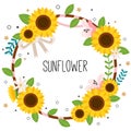 The cute sunflower with white flower with flowerring on the fream and text of sunflower . The cute sunflower. The cute sunflower