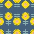 Cute sunflowers with smiling faces seamless pattern. Summer print for tee, paper, fabric, textile. Retro vector illustration for