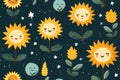 cute sunflowers and stars on a dark blue background