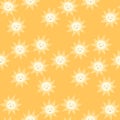 Cute sunny print, smiling suns seamless pattern on yellow background. Vector design for kids Royalty Free Stock Photo