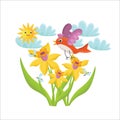 Cute sunny scene with bird flying under daffodils. Spring Flat cartoon style. Sun, clouds, summer weather Royalty Free Stock Photo