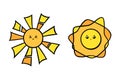 Cute suns with eyes full of joy. Yellow sun smiling faces in doodle style. Black and white vector illustration Royalty Free Stock Photo