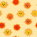 Cute suns with face. Different emotions. Bright seamless pattern