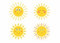 Cute suns. Sunshine emoji, cute smiling faces. Isolated funny smileys vector icons on white background.