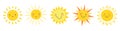 Cute suns. Sunshine emoji, cute smiling faces. Summer sunlight emoticons and morning sunny weather. Isolated funny Royalty Free Stock Photo