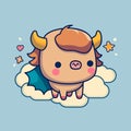 Cute super buffalo baby flies through the clouds. Suitable for printing on a T-shirt or children`s clothing