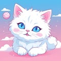 Cute, super fluffy white cat with blue eyes playing with a soft pink ball, fluffy Royalty Free Stock Photo