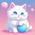Cute, super fluffy white cat with blue eyes playing with a soft pink ball, fluffy Royalty Free Stock Photo