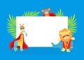 Cute Superhero Animals with Blank Banner, Giraffe, Monkey, Lion in Capes and Masks Standing Next to the Blank Signboard Royalty Free Stock Photo