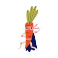 Cute Superhero Carrot in Mask and Cape, Funny Vegetable Cartoon Character in Costume Vector Illustration Royalty Free Stock Photo