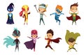 Cute superhero kids in colorful costumes. Kids Dressed as Superheroes. Funny Flat Isolated Vector Design Icons Set On Royalty Free Stock Photo