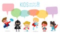 Cute superhero kids with speech bubbles, Set of superhero child with speech bubbles isolated on white background,Vector