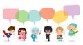 Cute superhero kids with speech bubbles, Set of superhero child with speech bubbles isolated on white background,Vector Royalty Free Stock Photo