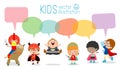 Cute superhero kids with speech bubbles, Set of superhero child with speech bubbles isolated on white background,Vector Royalty Free Stock Photo