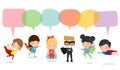 Cute superhero kids with speech bubbles, Set of superhero child with speech bubbles isolated on white background,Vector