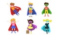 Cute Superhero Kids of Various Nationalities Set, Happy Adorable Boys and Girls in Costumes of Superhero, Capes amd