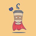 Cute Superhero super coffee cartoon vector flying on air with red cape illustration