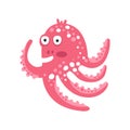 Cute surprised cartoon pink octopus character, funny ocean coral reef animal vector Illustration Royalty Free Stock Photo