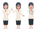 Cute Surprised Female Doctor Pill Medicine Hand Decision Making Forefinger up Advice Cartoon Character Set Isolated