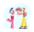 Cute Surprised Girl Happy to Get Bouquet of Beautiful Flowers from Deliveryman. Boyfriend Sending Present to Girlfriend Royalty Free Stock Photo