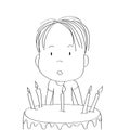 Cute surprised little boy, bewildered facial expression, celebrating birthday, b-day chocolate cake with seven candles Royalty Free Stock Photo