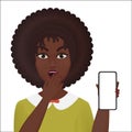 Cute surprised young african american female holding new smartphone isolated.