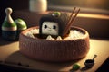 Cute sushi rice roll character inside a jacuzzi filled with soy sauce. Generative AI