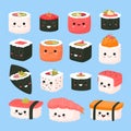 Cute sushi rolls. Kawaii funny japanese food characters, asian cuisine, cartoon cooking emoji, rice in nori seaweed with