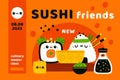 Cute sushi rolls poster. Kawaii cartoon Japanese food characters. Comic onigiri and tofu. Seafood with rice. Culinary