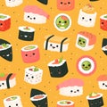 Cute sushi rolls seamless pattern. Cartoon funny foods characters, yummy little pieces with kawaii faces, japan rice