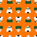 Cute sushi rolls seamless pattern. Cartoon triangular onigiri with funny rice with nori algae and salmon filling Royalty Free Stock Photo