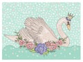 Cute swan with crown and flowers. Fairytale background for kids